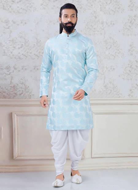 Sky Blue Colour Designer New Exclusive Wear Fancy Kurta Pajama Mens Collection KS 1125